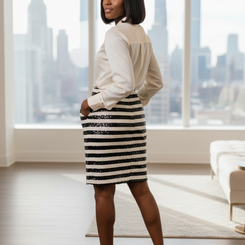 White House Black Market Sequin Striped Pencil Skirt Black White Size 10-12